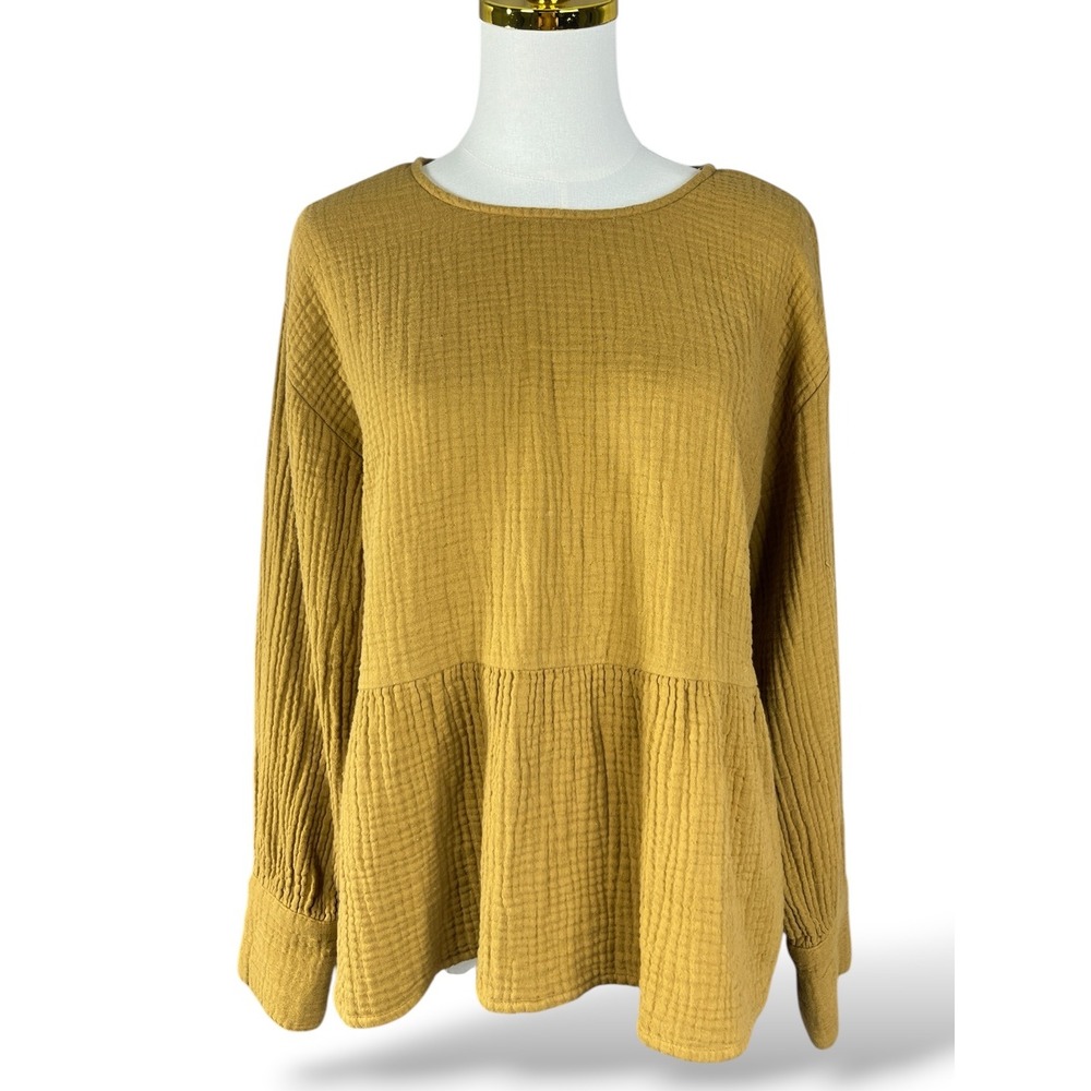 Madewell Mustard Yellow Cotton Double Gauze Peplum Top Long Sleeve Button Back M